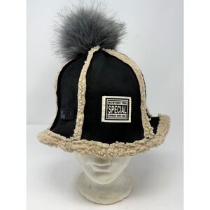 N.24 Studios Black Sherpa Bucket Hat Pom Pom Urban Vintage Patch Winter Cap OSFM